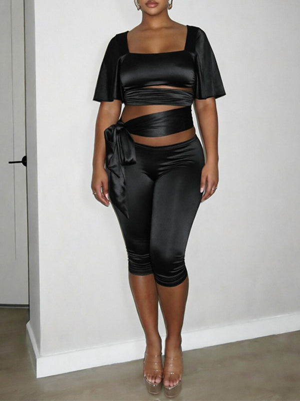Solid Tied Top & Capri Pants Set
