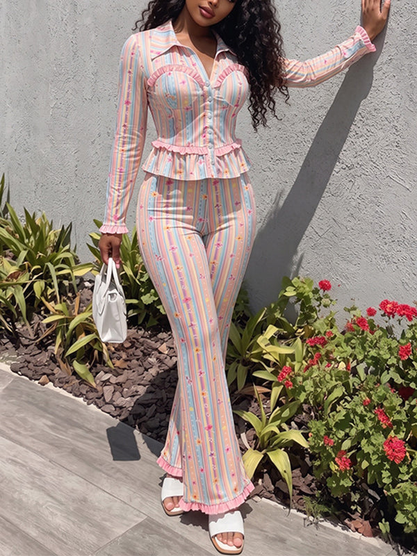 Stripe Frilled Shirt & Pants Set