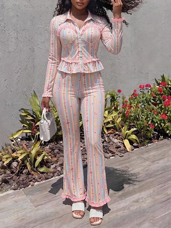 Stripe Frilled Shirt & Pants Set