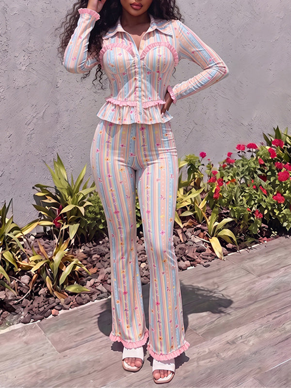 Stripe Frilled Shirt & Pants Set