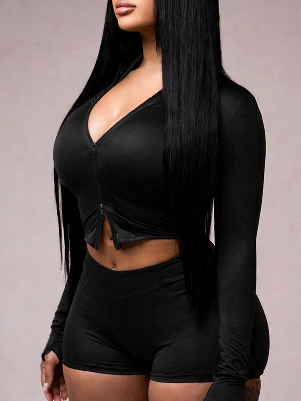 Solid Zip Top & Shorts Set
