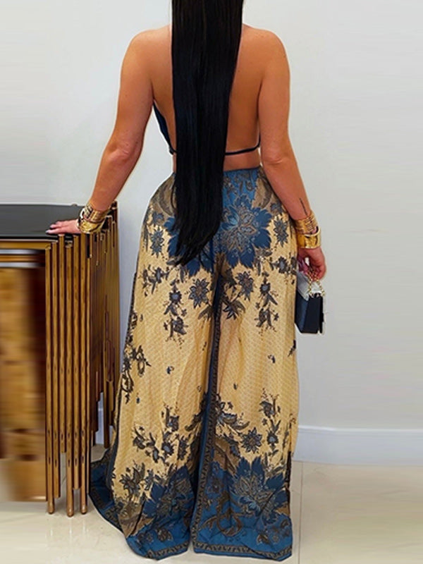 Printed Wide-Leg Halter Jumpsuit