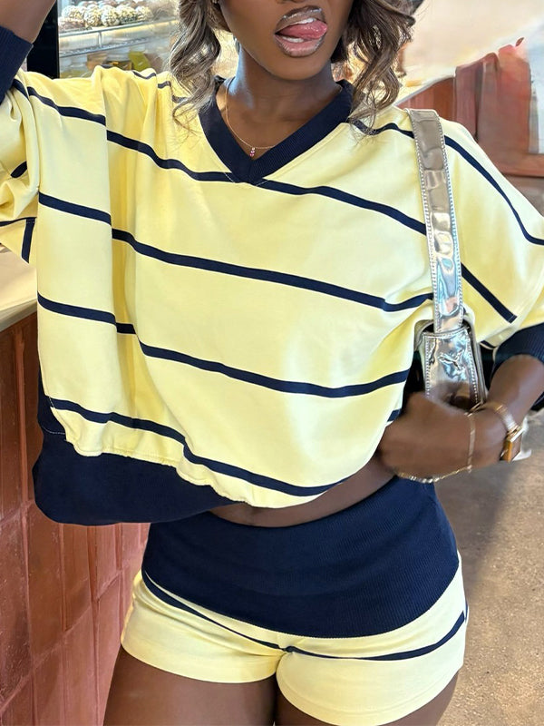 Stripe V-Neck Top & Shorts Set
