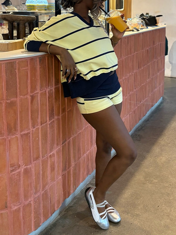 Stripe V-Neck Top & Shorts Set