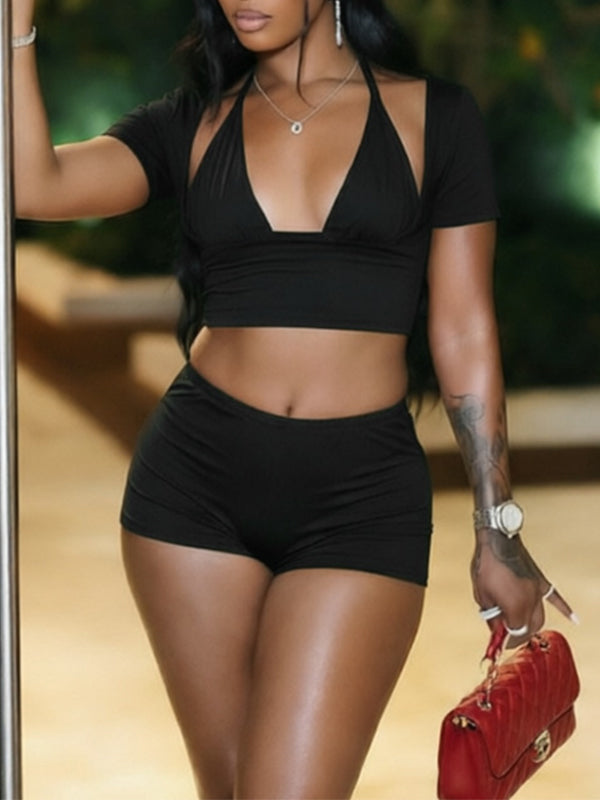 Solid Halter 3PC Shorts Set