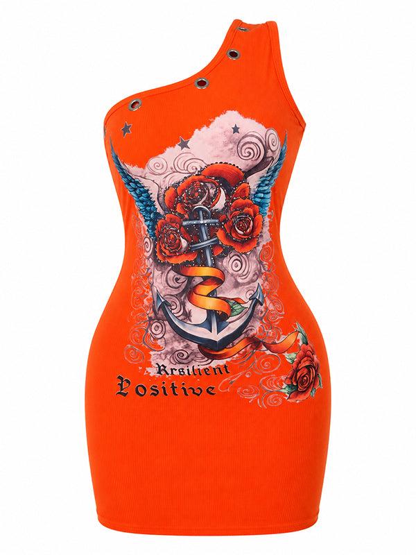 Printed One-Shoulder Eyelet Dress
