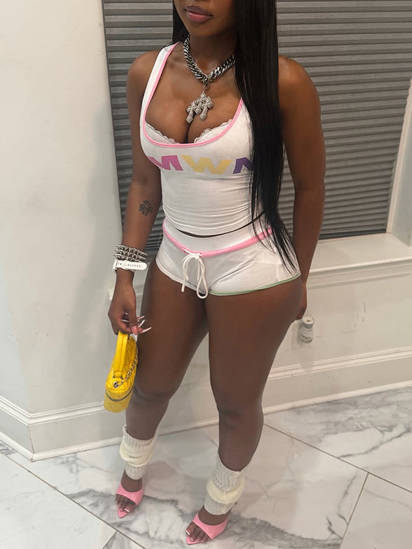 Letter-Print Tank Top & Shorts Set
