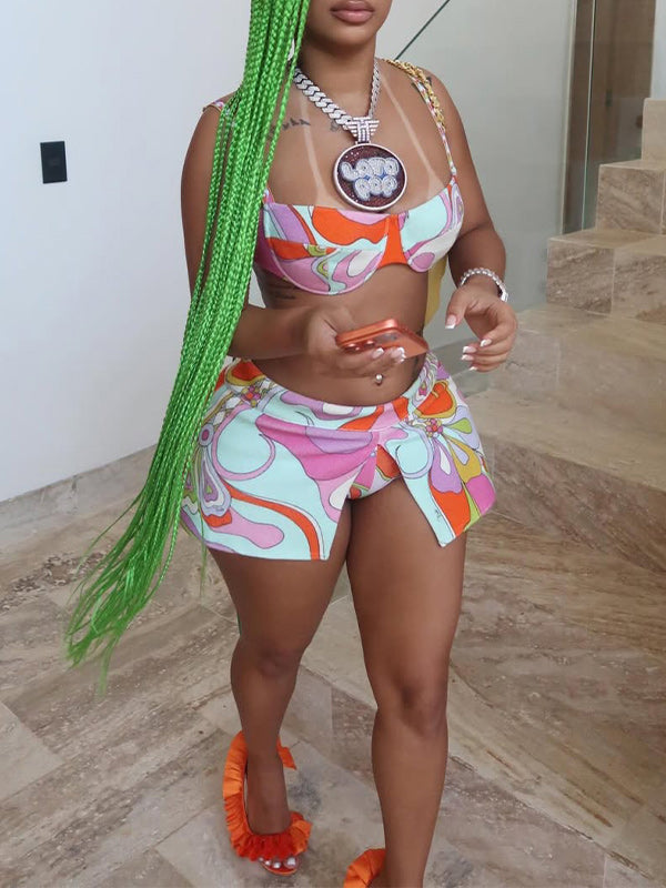 Printed Bikini Top & Shorts Set
