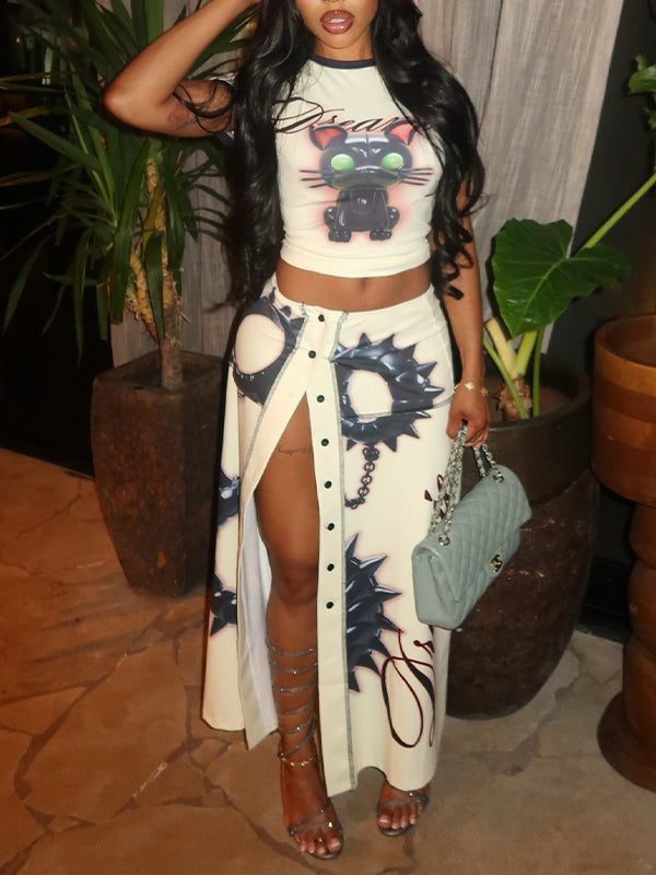 Graphic Crop Top Slit Skirt Set
