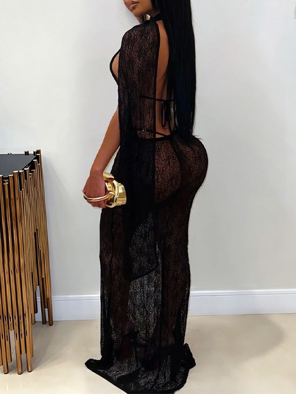 Tie-Neck Halter Lace Dress