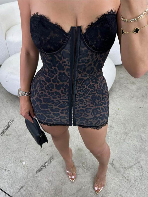 Lace-Combo Leopard Tube Dress