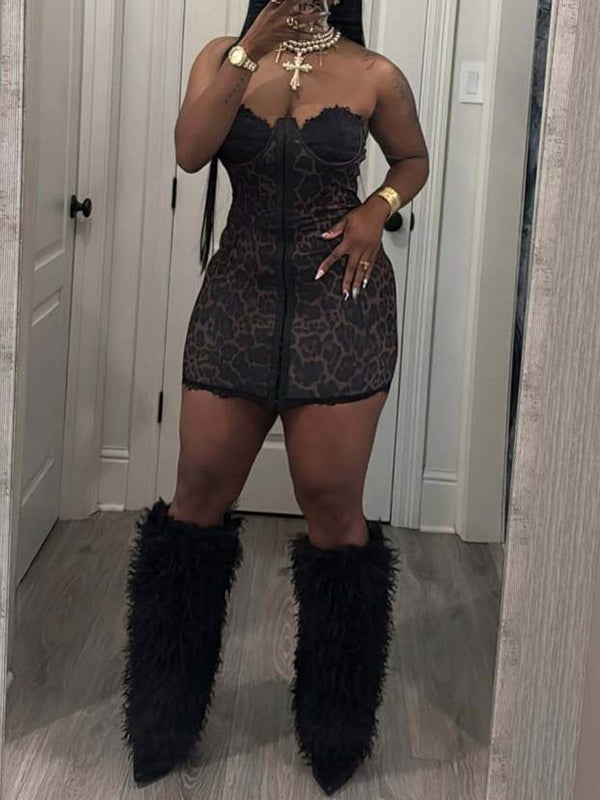 Lace-Combo Leopard Tube Dress