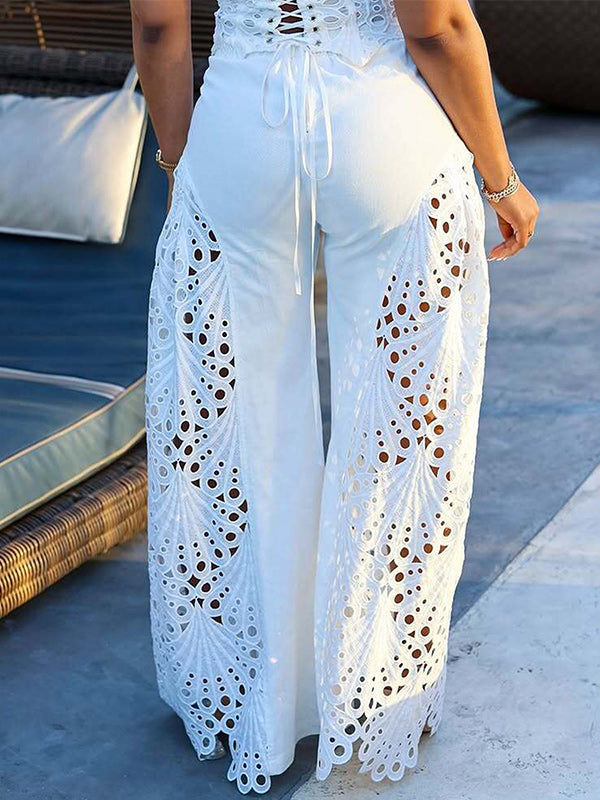 Lace-Combo Wide-Leg Pants