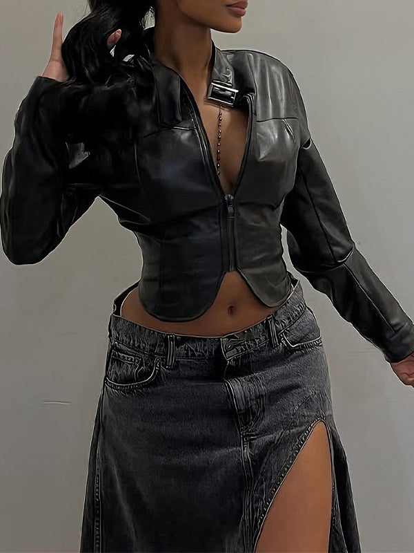 Faux-Leather Zip-Front Jacket