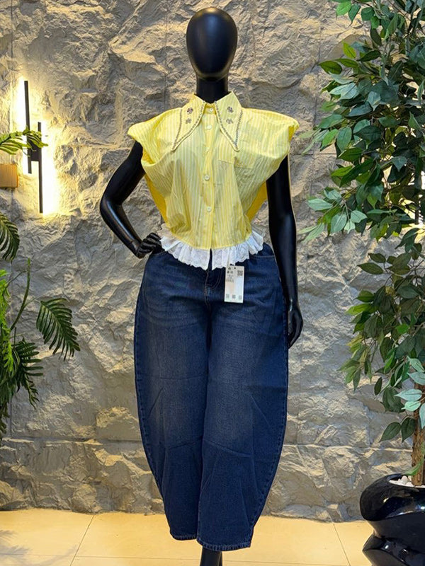 Lace-Combo Studded Stripe Shirt