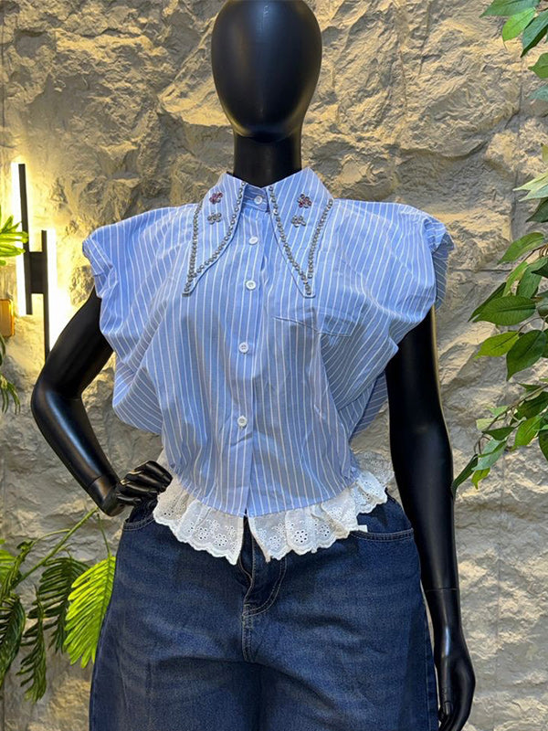 Lace-Combo Studded Stripe Shirt