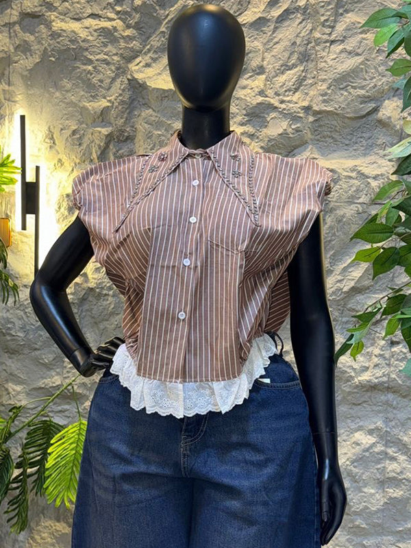 Lace-Combo Studded Stripe Shirt