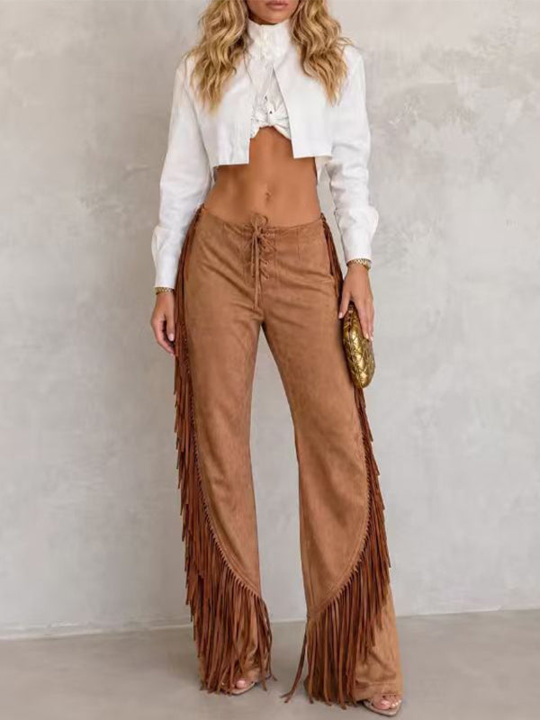 Fringe-Combo Lace-Up Pants
