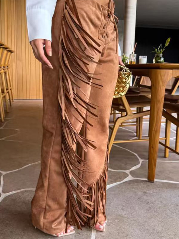Fringe-Combo Lace-Up Pants