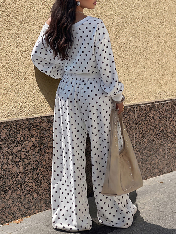 Dot Boat-Neck Top & Wide-Leg Pants Set