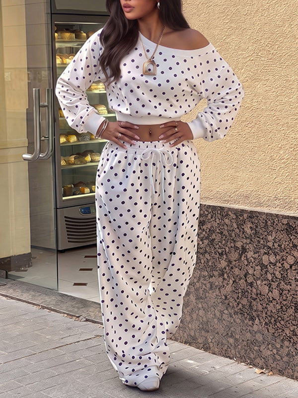 Dot Boat-Neck Top & Wide-Leg Pants Set