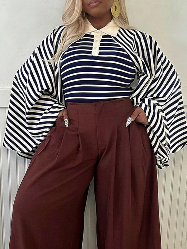 Stripe Bell-Sleeve Polo Top