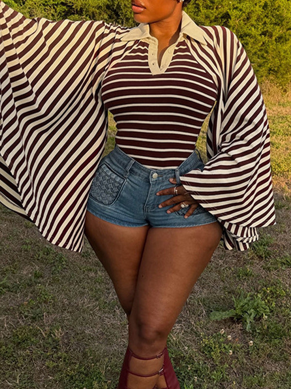 Stripe Bell-Sleeve Polo Top
