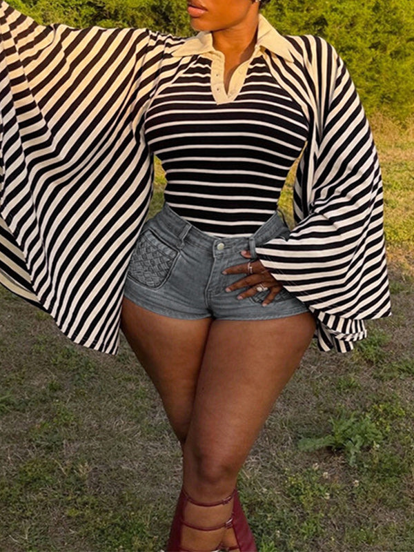 Stripe Bell-Sleeve Polo Top