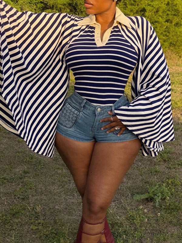 Stripe Bell-Sleeve Polo Top