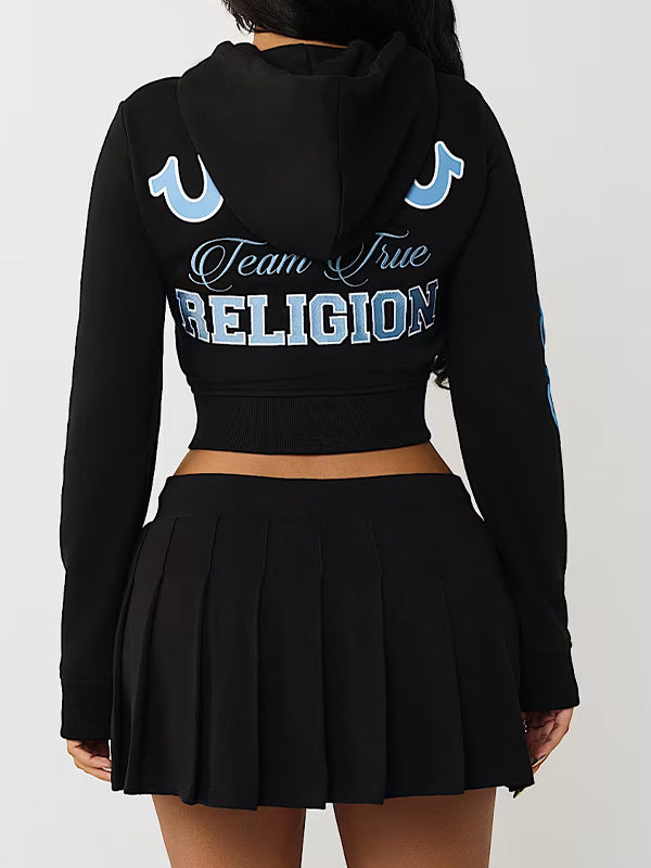 Printed Zip-Front Hoodie & Pleated Skirt Set