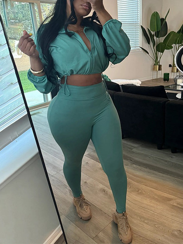 Solid Zip-Front Jacket & Pants Set