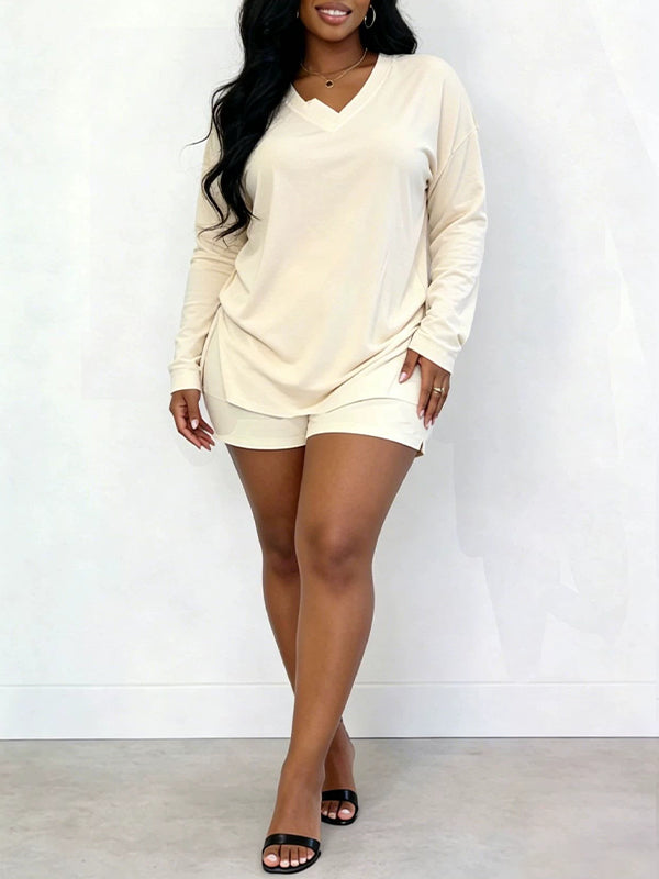 Solid V-Neck Tee & Shorts Set