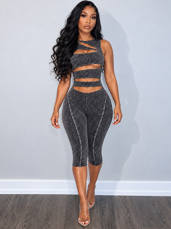 Wash Cutout Sleeveless Capri Jumpsuit
