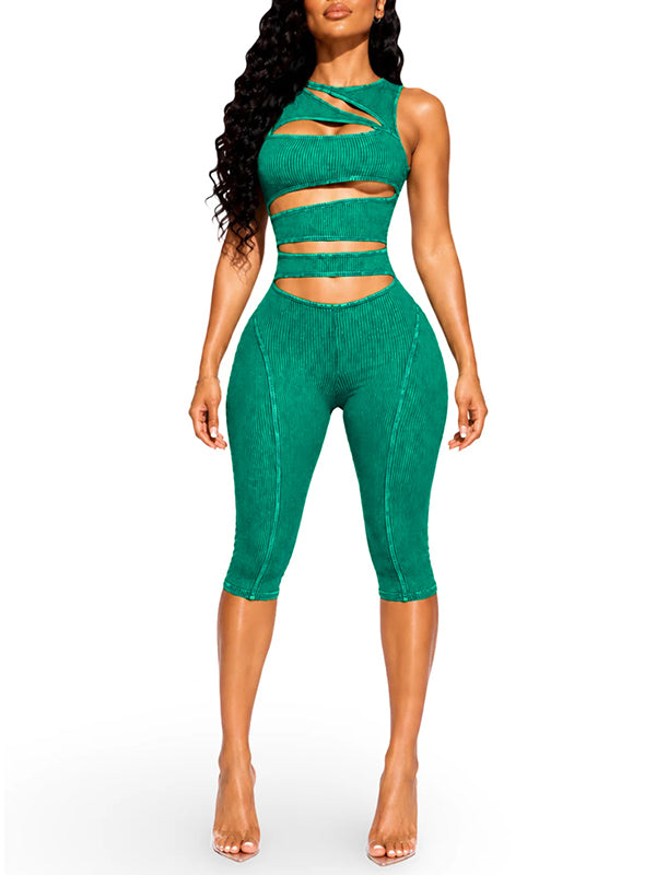 Wash Cutout Sleeveless Capri Jumpsuit