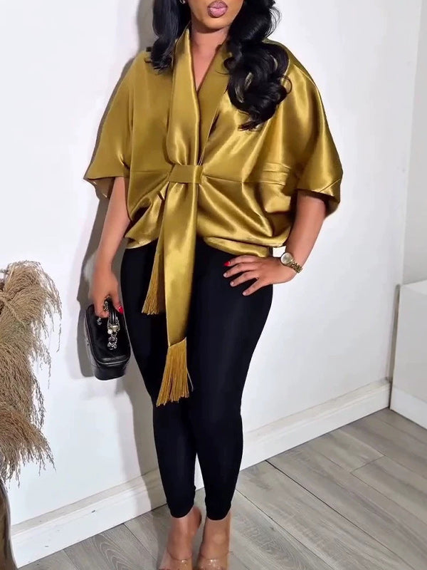 Satin V-Neck Tied Top
