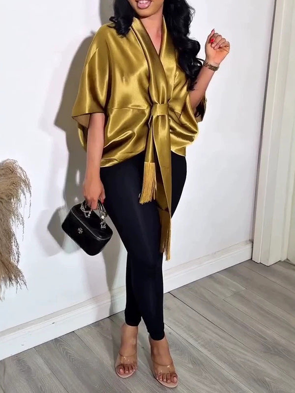 Satin V-Neck Tied Top