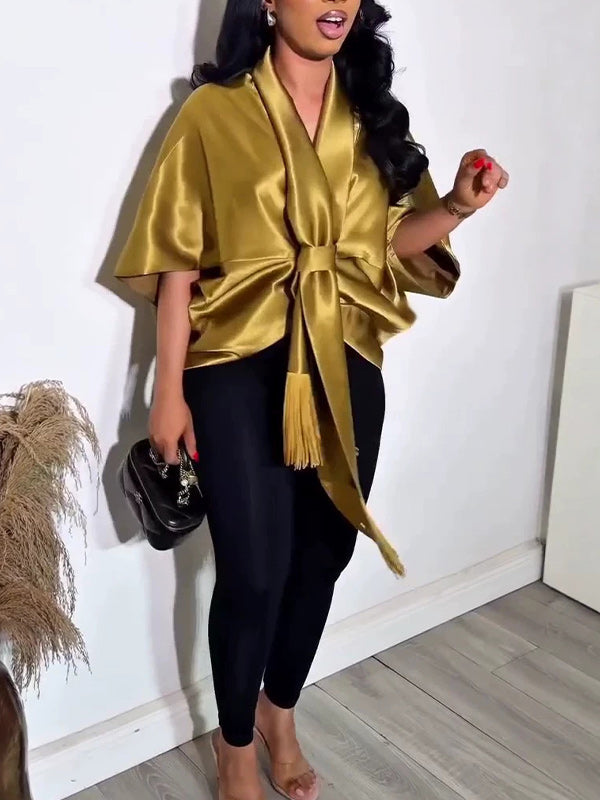 Satin V-Neck Tied Top