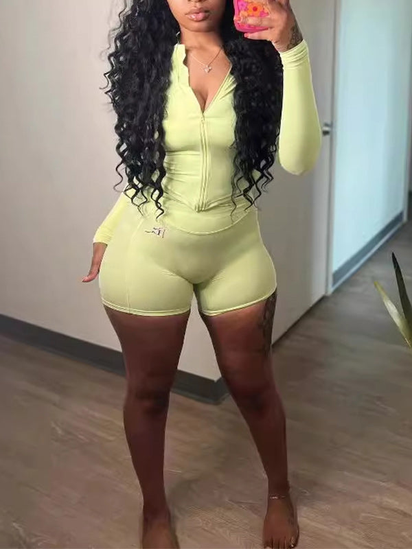 Solid Zip Top & Shorts Set
