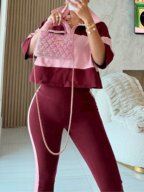 Two-Tone Polo Top & Pants Set