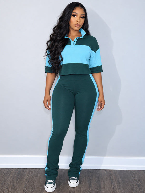 Two-Tone Polo Top & Pants Set