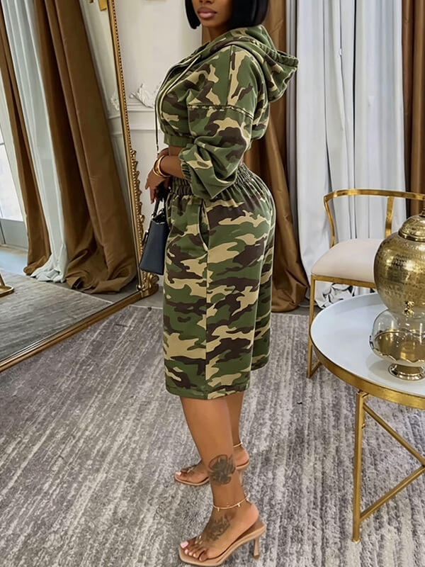 Camo Zip-Front Hoodie & Capri Pants Set