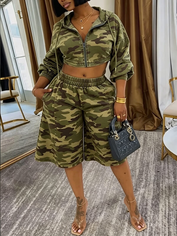 Camo Zip-Front Hoodie & Capri Pants Set