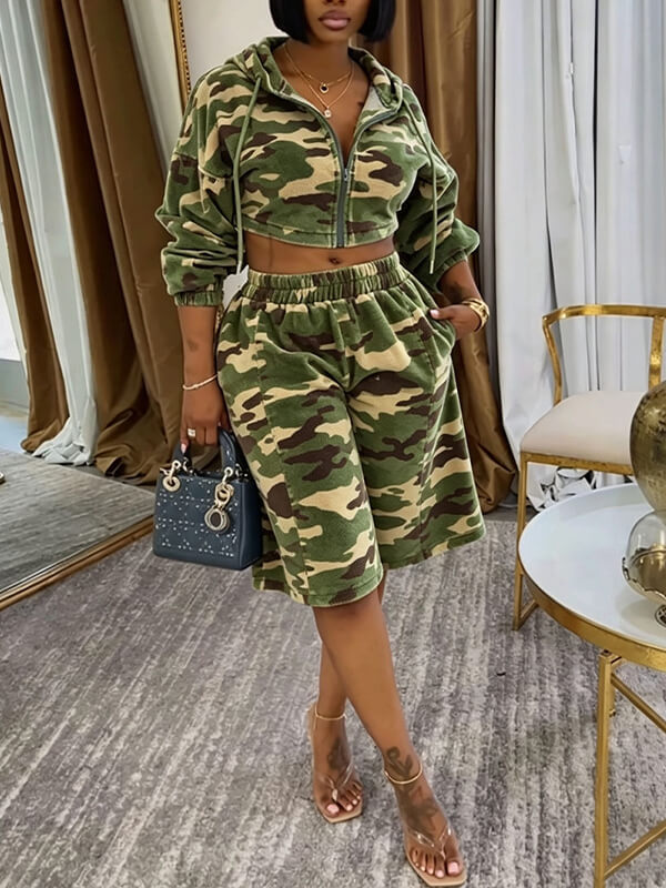 Camo Zip-Front Hoodie & Capri Pants Set