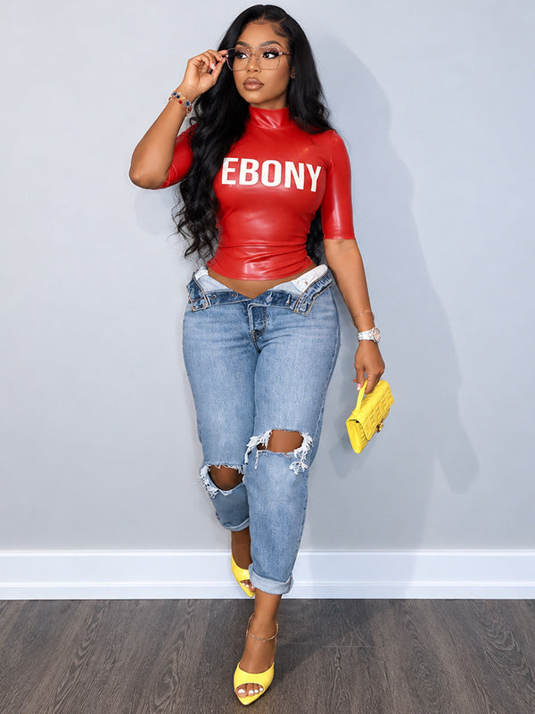 Letter-Print Faux-Leather Top