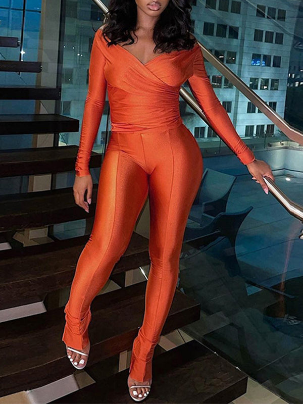 Solid V-Neck Top & Pants Set