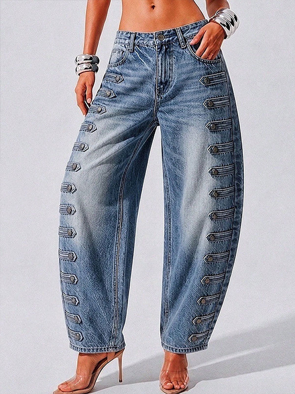 Button-Detail Barrel-Leg Jeans