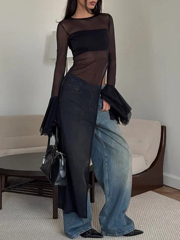 Sheer Bell-Sleeve Tunic Top