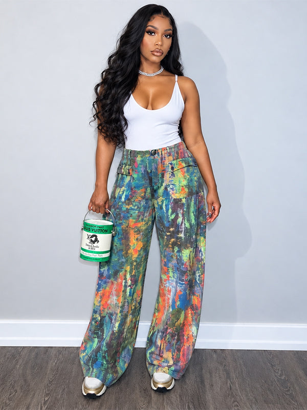 Printed Wide-Leg Cargo Pants