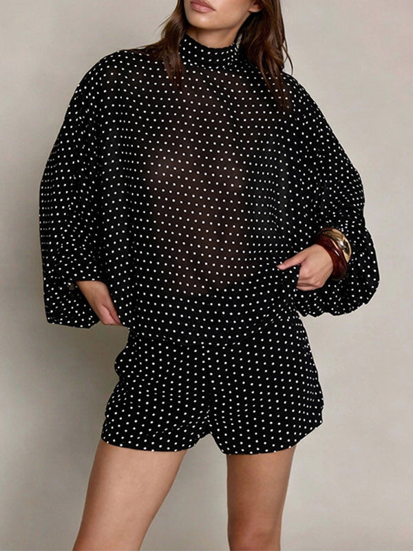 Dot Tie-Neck Top & Shorts Set