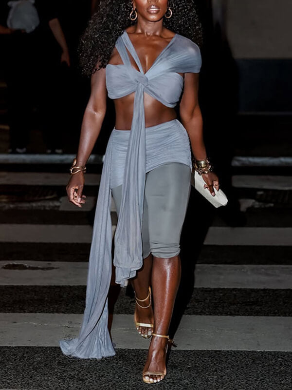 Sheer Tied Crop Top & Capri Pants Set